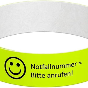 Notfallarmband für Kinder (20 Stück) – Neongelb SOS Armband mit Rufnummernfeld