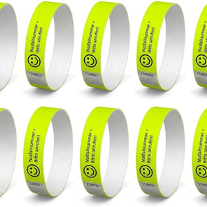 Notfallarmband für Kinder (20 Stück) – Neongelb SOS Armband mit Rufnummernfeld