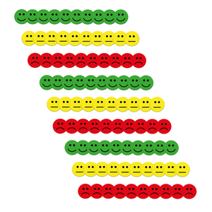 90 Feedback Magnete im Set (Durchmesser 2,5cm & 3cm): 30 fröhliche grüne, 30 neutrale gelbe & 30 traurige rote Magnete – Ideal für kreative Kommunikation in Schule, Job & Alltag