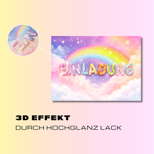 Einladungskarten Kindergeburtstag mit 3D Effekt – DIN A6 - Regenbogen Einladungen für Mädchen – Geburtstagskarten mit 3D Kristall-Schrift