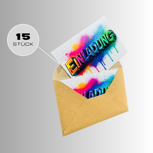 Einladungskarten Kindergeburtstag mit 3D Effekt – DIN A6 - Coole Einladungen für Jungs & Mädchen – Geburtstagskarten Graffiti-Design Splash