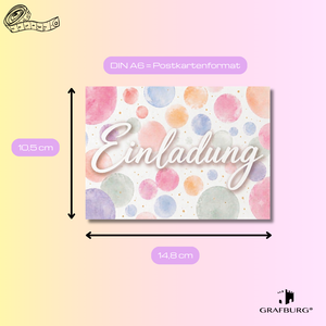 Einladungskarten mit 3D-Effekt (Glanzlack) – Bunte Seifenblasen im Aquarell Look – Hochwertige Partyeinladungen für Kindergeburtstag & Feier