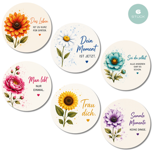 6er Set Kühlschrankmagnete mit Sprüchen & Blumen (Ø 7,5 cm) – Große runde Magnete mit Motivation & Inspiration – Dekoration für Kühlschrank, Magnettafel & Büro – Geschenk für Frauen & Freunde