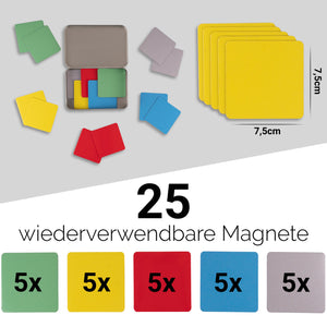 25 WIEDERVERWENDBARE MAGNETE 7,5 X 7,5CM IN 5 VERSCHIEDENEN FARBEN INKL. STABILO STIFT & BOX